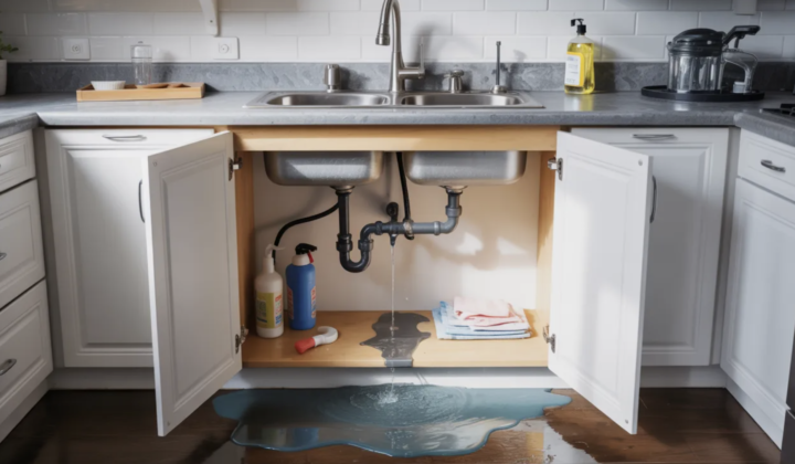 Kitchen supply line leak under a sink in a Charlotte home