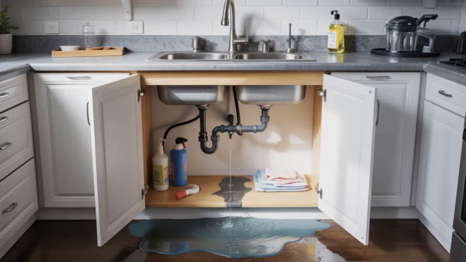 Kitchen supply line leak under a sink in a Charlotte home