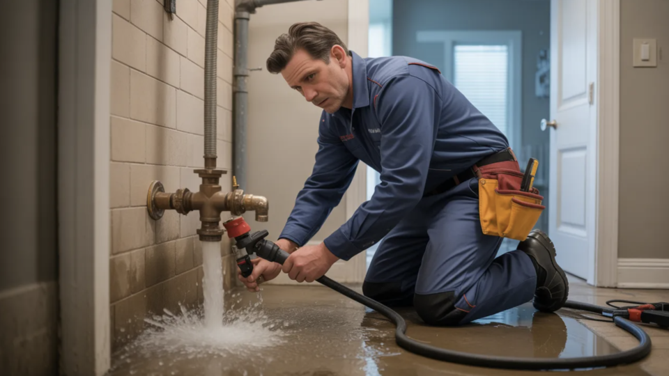 Emergency plumber repairing burst pipe in Charlotte NC home with active water leak