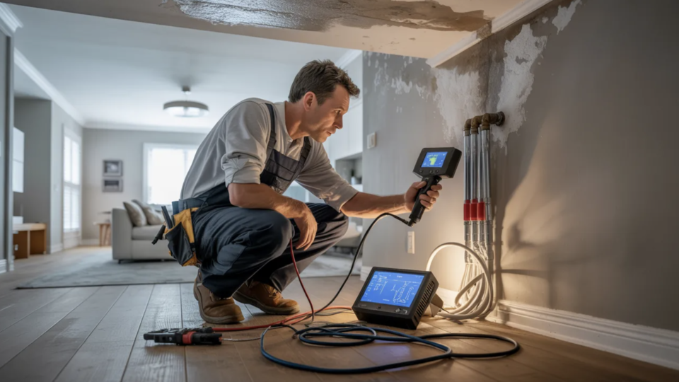 Plumber using leak detection equipment on wall in Charlotte NC home